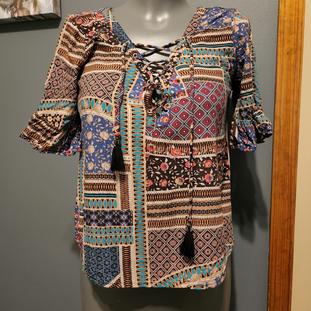 AEO mock patchwork hippie half sleeve boho blouse XS
